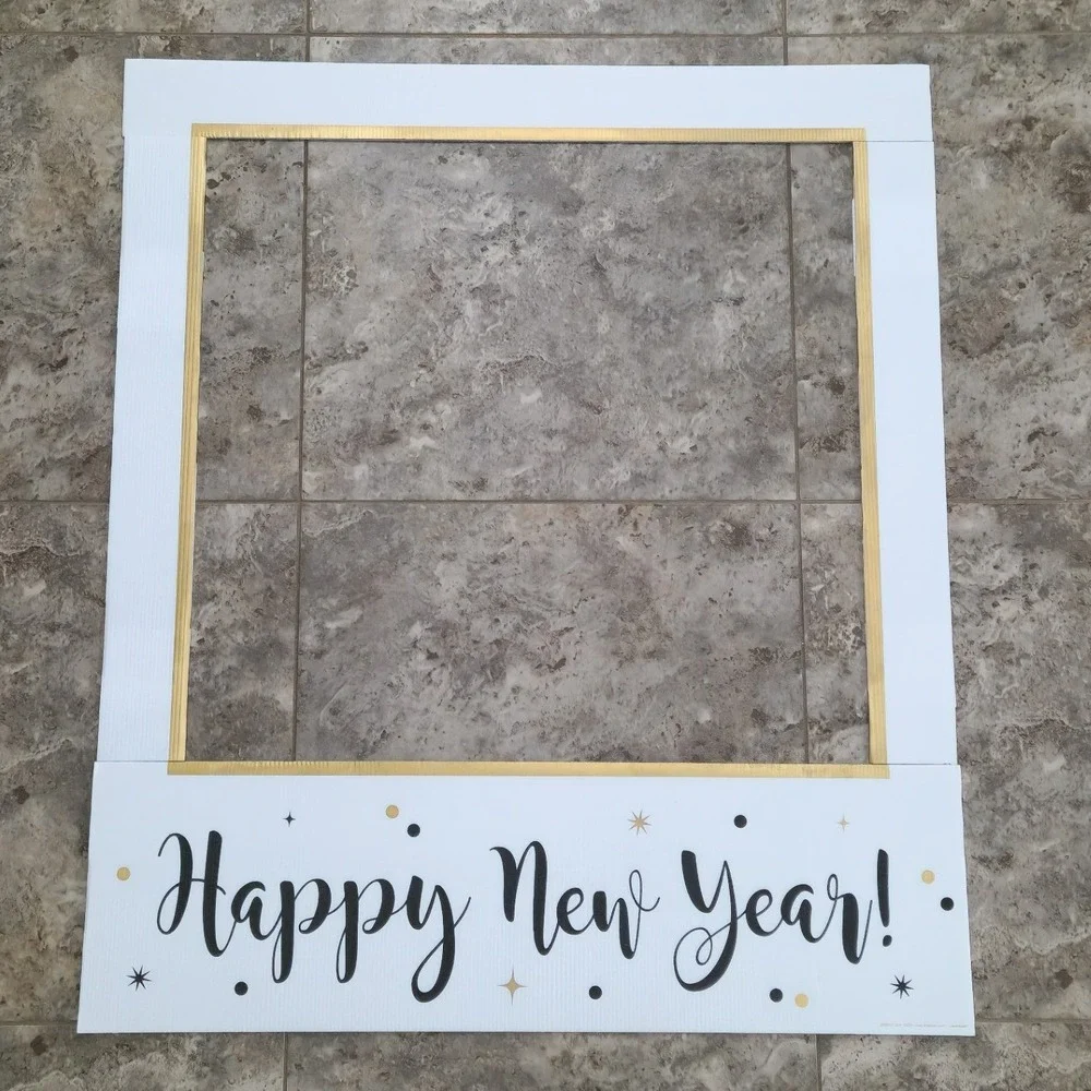 Happy New Year Photo Booth Frame Prop Gold White Black‎ NYE Party Decor 35x30